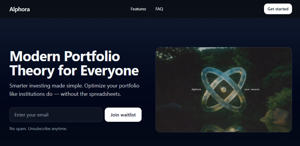 Alphora landing page — “Modern Portfolio Theory for Everyone”