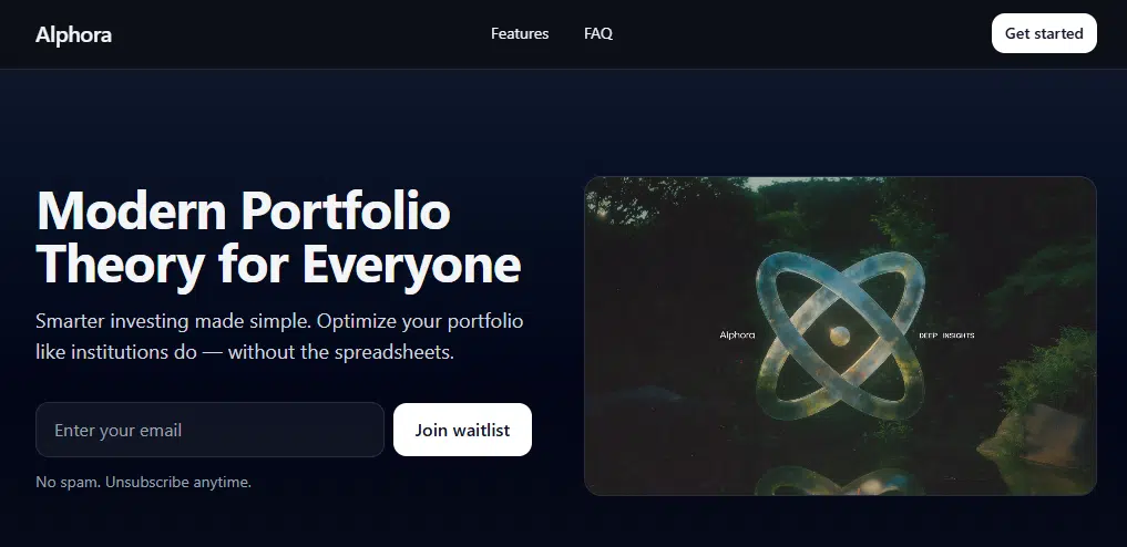 Alphora landing page — “Modern Portfolio Theory for Everyone”