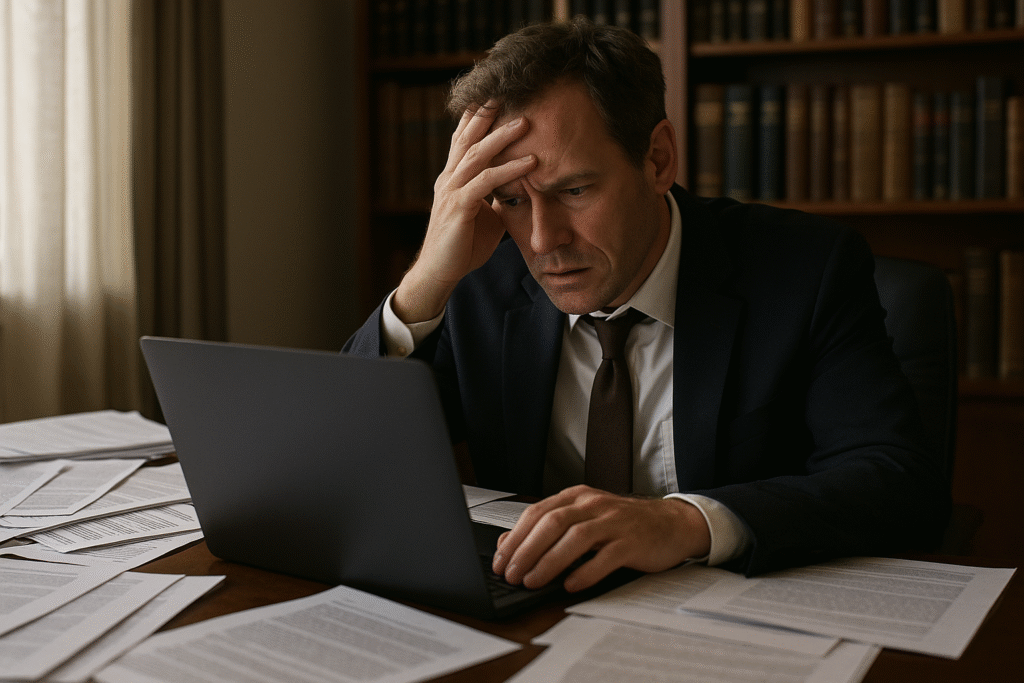 A stressed lawyer sits at a cluttered desk covered in legal documents, focusing on the back of his laptop as he scrambles to find critical information before a deadline.