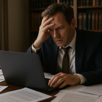 A stressed lawyer sits at a cluttered desk covered in legal documents, focusing on the back of his laptop as he scrambles to find critical information before a deadline.