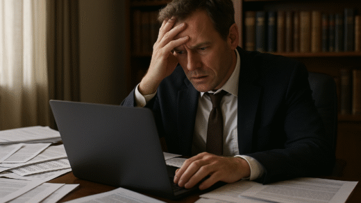 A stressed lawyer sits at a cluttered desk covered in legal documents, focusing on the back of his laptop as he scrambles to find critical information before a deadline.