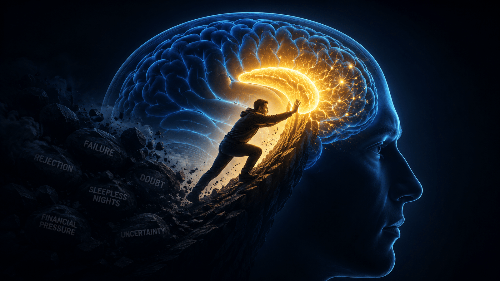 Alt text: A determined entrepreneur climbs a steep rocky path inside a glowing human brain, pushing toward a bright golden region representing the anterior mid cingulate cortex, while dark rocks labeled rejection, failure, doubt, sleepless nights, financial pressure, and uncertainty trail behind.
