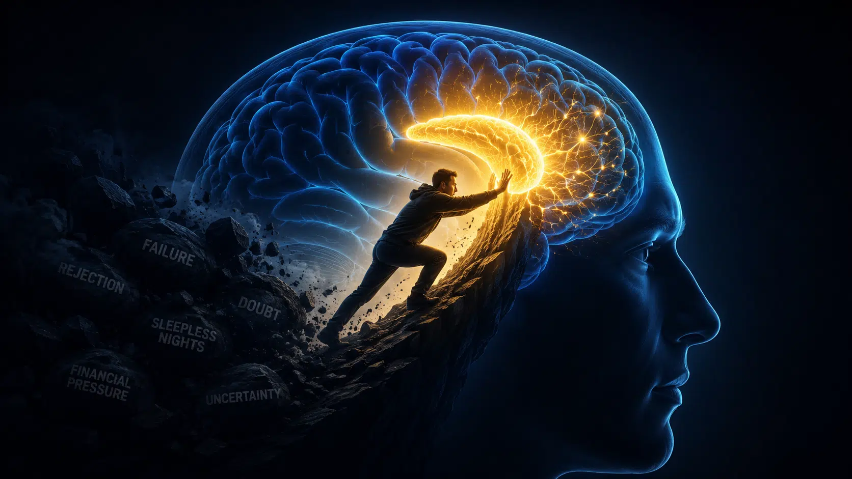 Alt text: A determined entrepreneur climbs a steep rocky path inside a glowing human brain, pushing toward a bright golden region representing the anterior mid cingulate cortex, while dark rocks labeled rejection, failure, doubt, sleepless nights, financial pressure, and uncertainty trail behind.